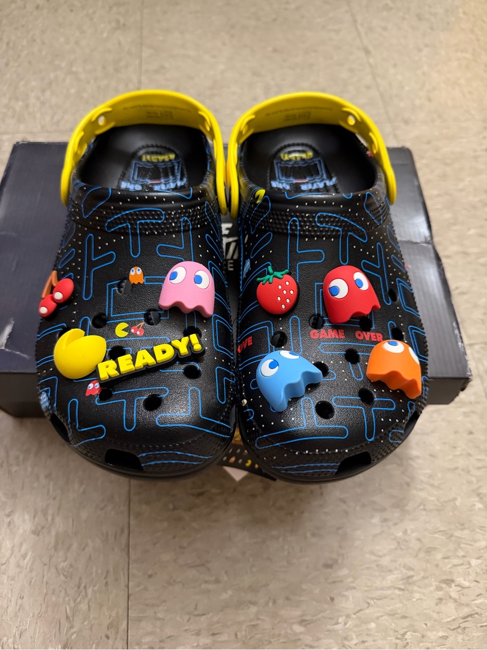 PAC-MAN Black & Yellow Clog Shoes with Character Charms NWT